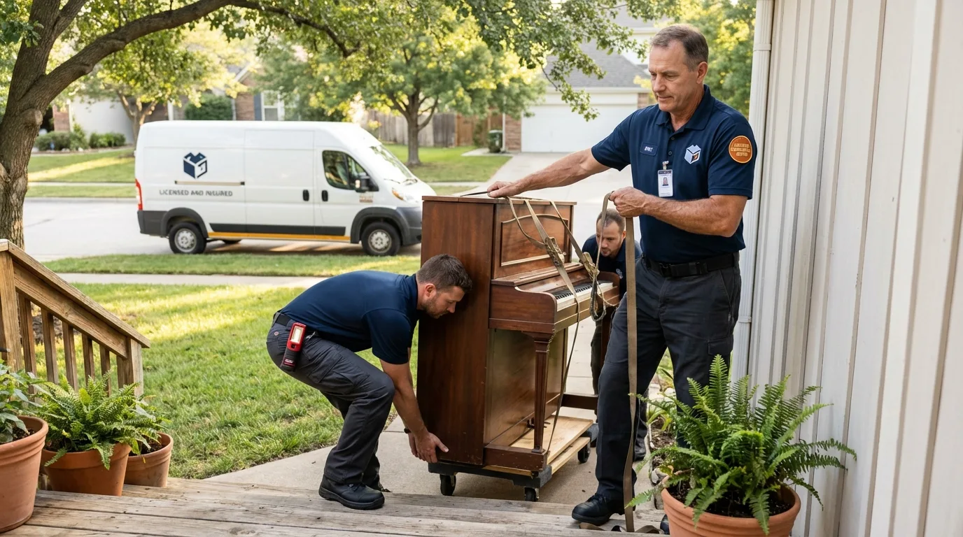 Licensed piano movers securing grand piano in Platte, SD
