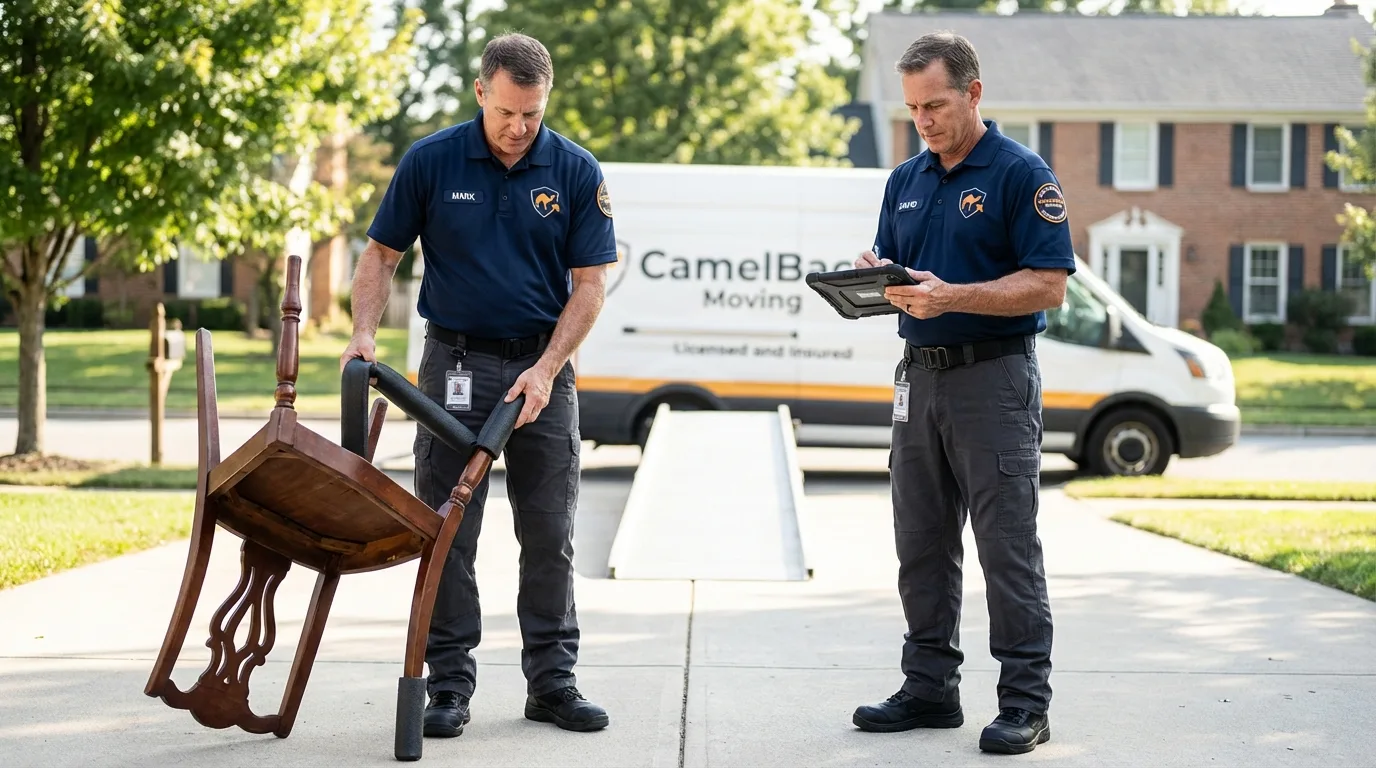 Movers inspecting furniture for damage prevention before loading in Platte, SD